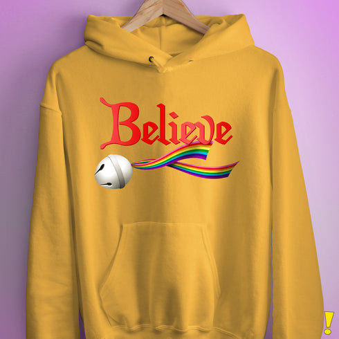 Believe LGBTQ Gilbert Baker Pride Jingle Bell Hoodie - Mustard